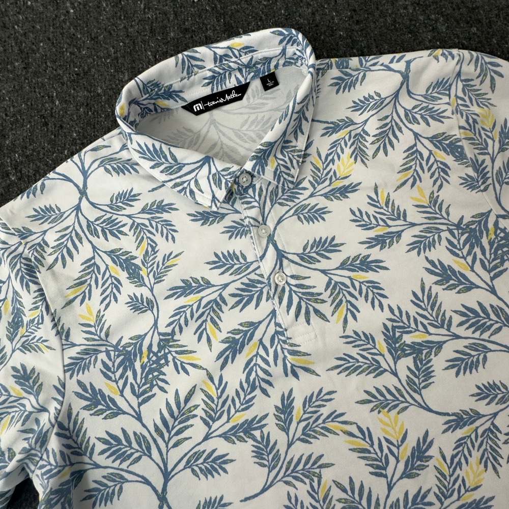 Travis Mathew Polo Shirt Men L White Blue Floral Leaf Short Sleeve 1MX105NL Golf